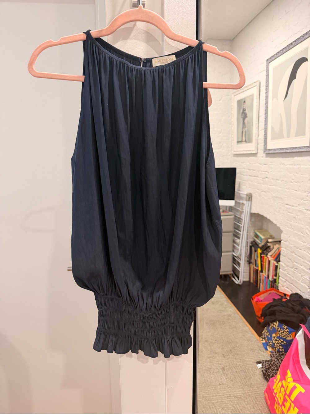 Ramy Brook Navy Sleeveless Smocked-Hem Tank